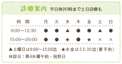 診療案内 平日夜20時まで土日診療も