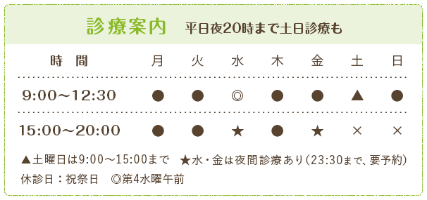 診療案内 平日夜20時まで土日診療も