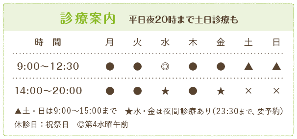 診療案内 平日夜20時まで土日診療も