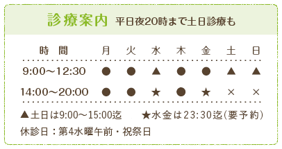 診療案内 平日夜20時まで土日診療も