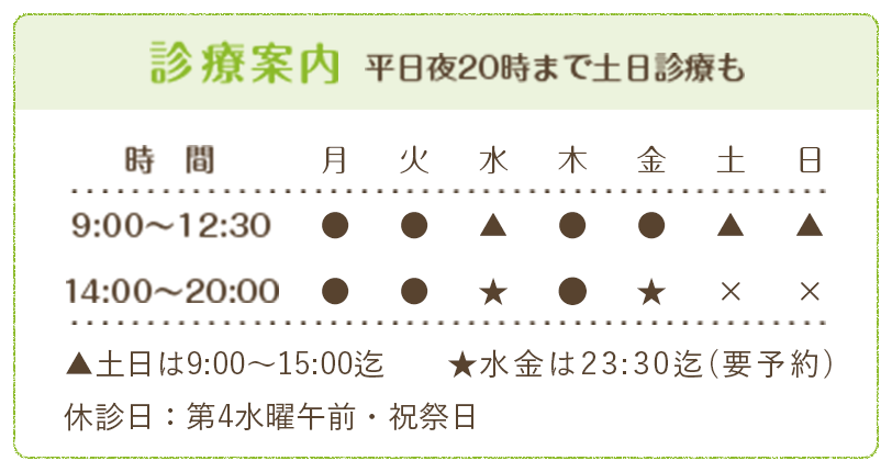 診療案内 平日夜20時まで土日診療も