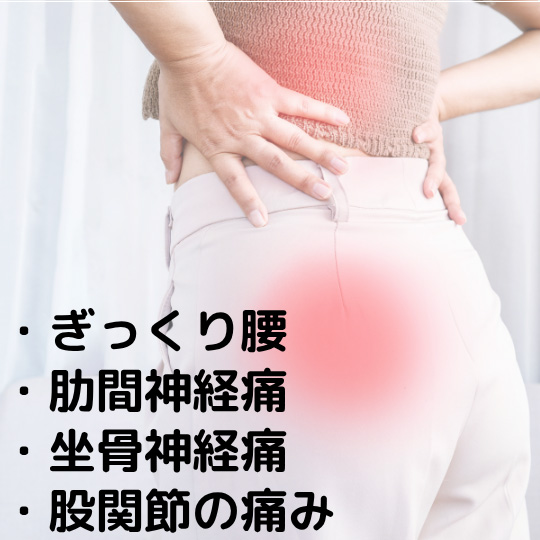 ぎっくり腰、肋間神経痛、坐骨神経痛、股関節の痛み、など腰やお尻まわりの症状。