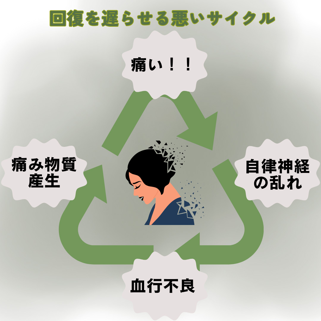 回復を遅らせる悪いサイクル(痛い→自律神経の乱れ→血行不良→痛み物質産生→痛い…)